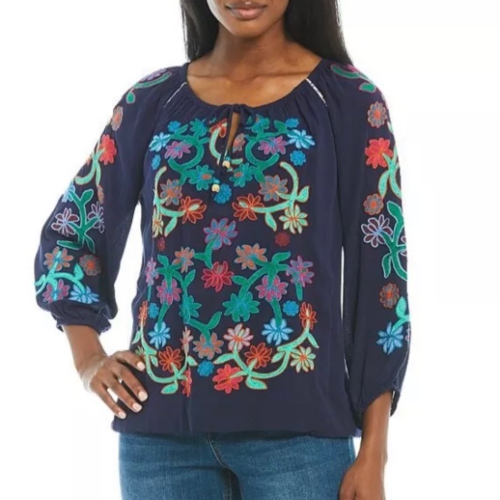John Mark Bohemian Floral Embroidered Gathered Waist 3/4 Sleeve Top Small
